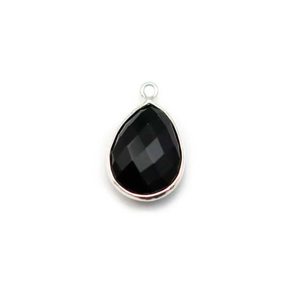 Black Agate in the shape of a drop, 1 ring, set in silver, 11x15mm x 1pc