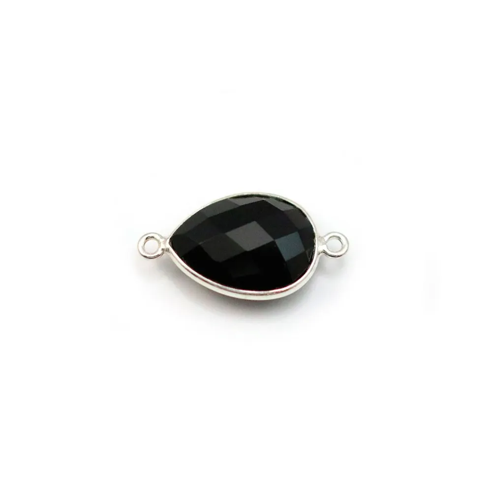 Agate in black color in the shape of a drop, 2 rings, set in silver, 11x15mm x 1pc