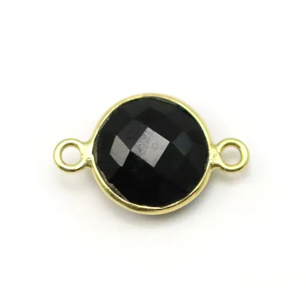 Agate noir de forme ronde, 2 anneaux, sertie en argent doré, 11mm x 1pc