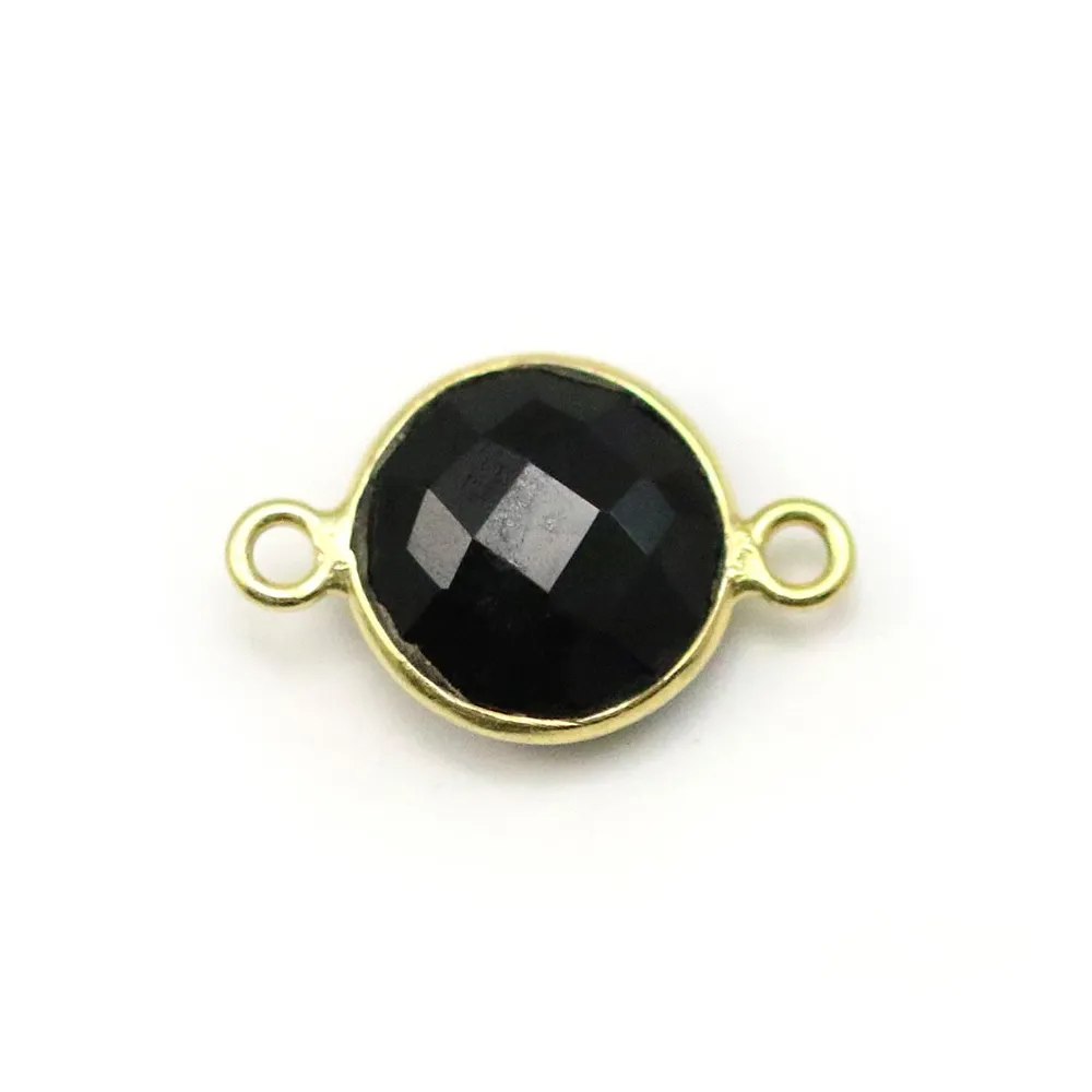 Agate noir de forme ronde, 2 anneaux, sertie en argent doré, 11mm x 1pc