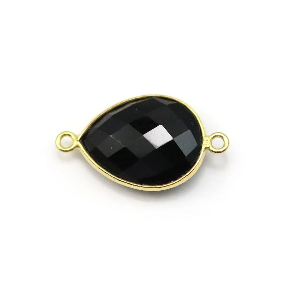 Agate noir en forme de goutte, 2 anneaux, sertie en argent doré, 13x17mm x 1pc