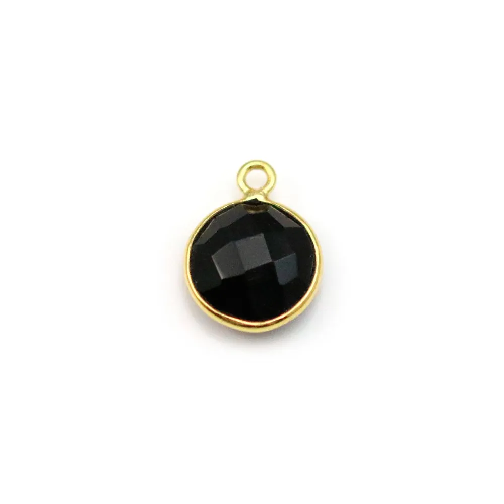 Agate noir de forme ronde, 1 anneau, sertie en argent doré, 9mm x 1pc