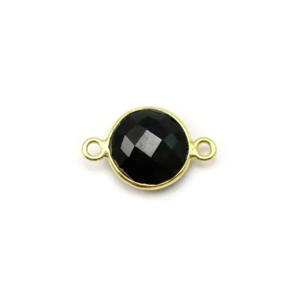 Agate noir de forme ronde, 2 anneaux, sertie en argent doré, 9mm x 1pc