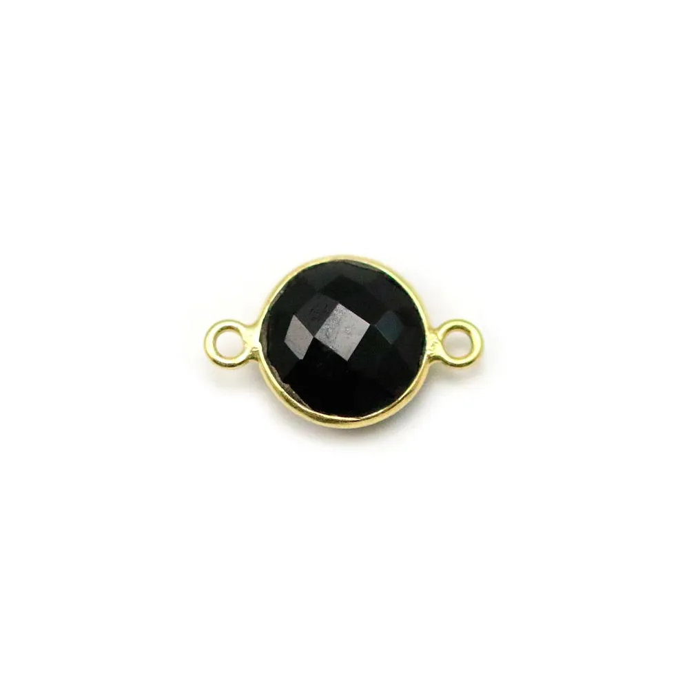 Agate noir de forme ronde, 2 anneaux, sertie en argent doré, 9mm x 1pc
