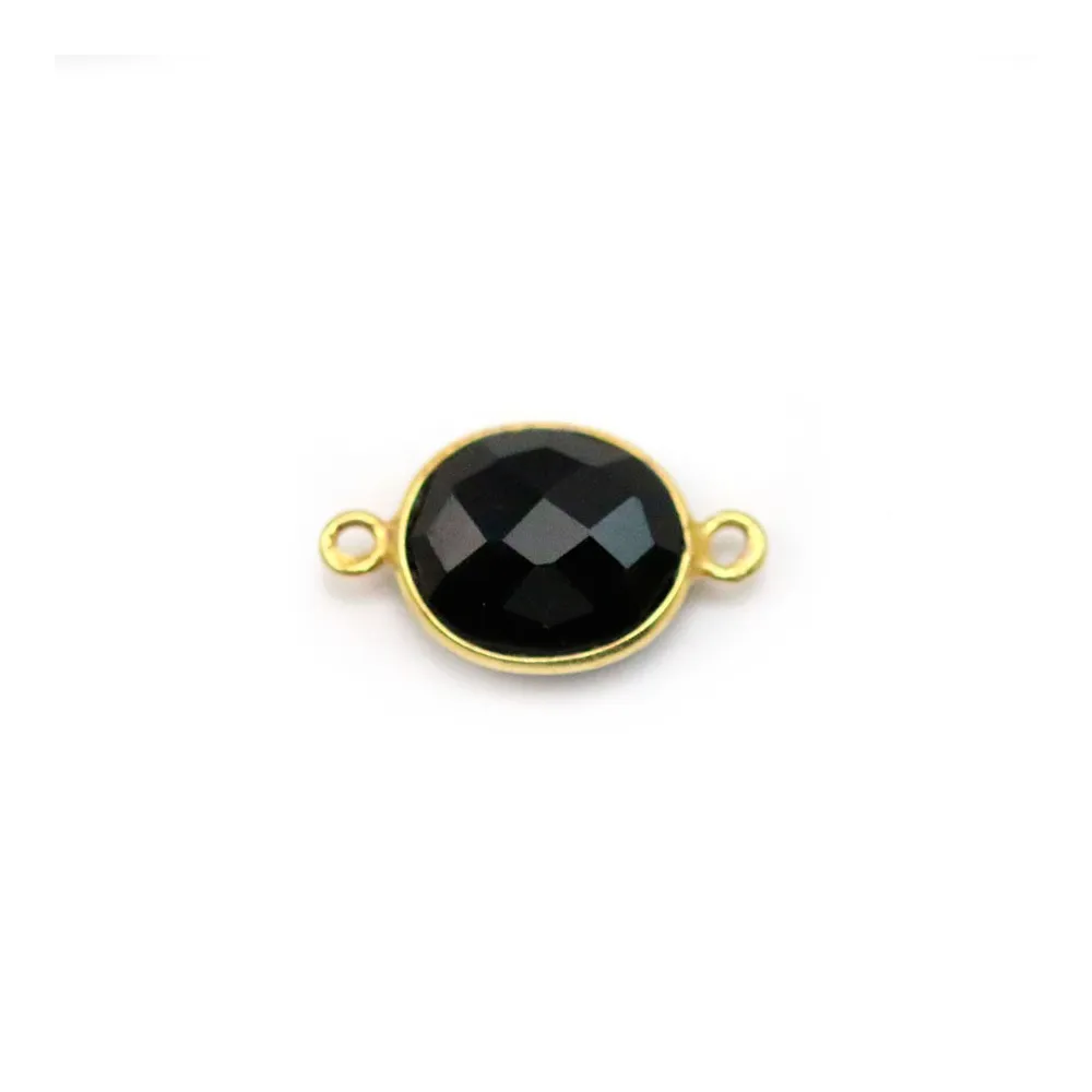 Agate noir de forme ovale, 2 anneaux, sertie en argent doré, 9x11mm x 1pc