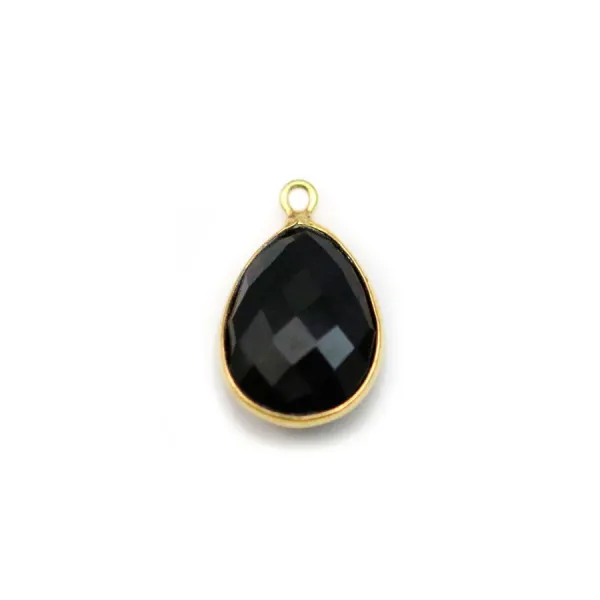 Agate noir en forme de goutte, 1 anneau, sertie en argent doré 11x15mm x 1pc