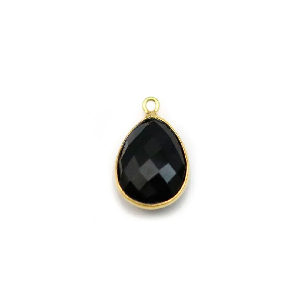 Agate noir en forme de goutte, 1 anneau, sertie en argent doré 11x15mm x 1pc