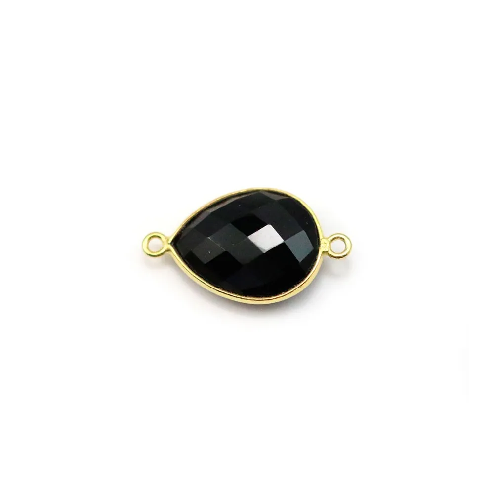 Black agate in the shape of a drop, 2 rings, set in gilt silver, 11x15mm x 1pc