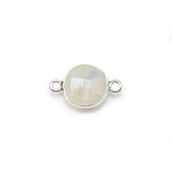 Pierre de lune ronde, 2 anneaux, sertie sur argent, 9mm x 1pc