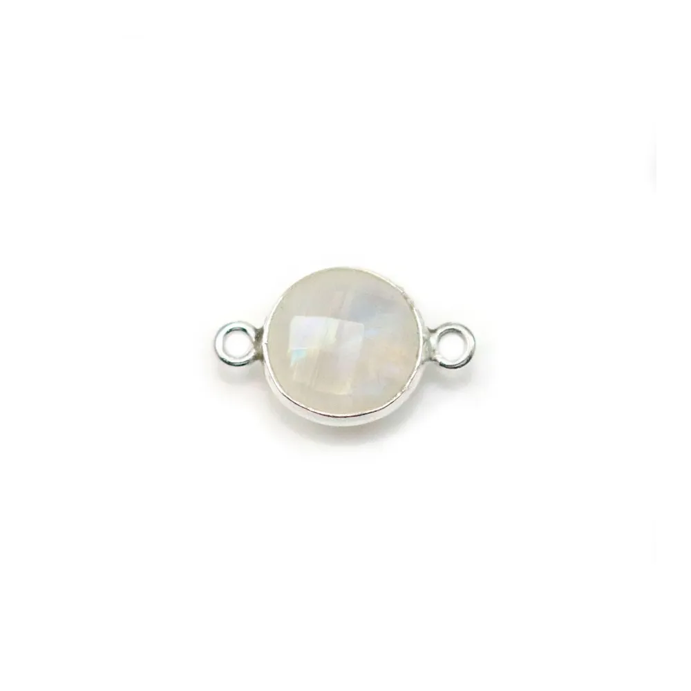Pierre de lune ronde, 2 anneaux, sertie sur argent, 9mm x 1pc