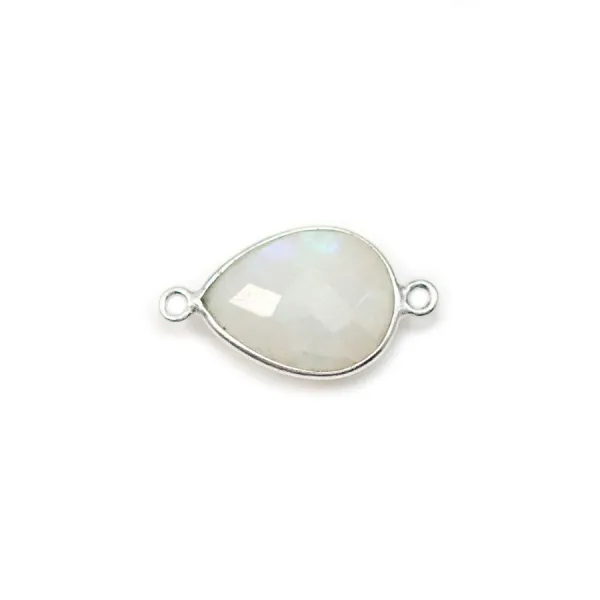 Pierre de lune en goutte, 2 anneaux, sertie sur argent, 11x15mm x 1pc