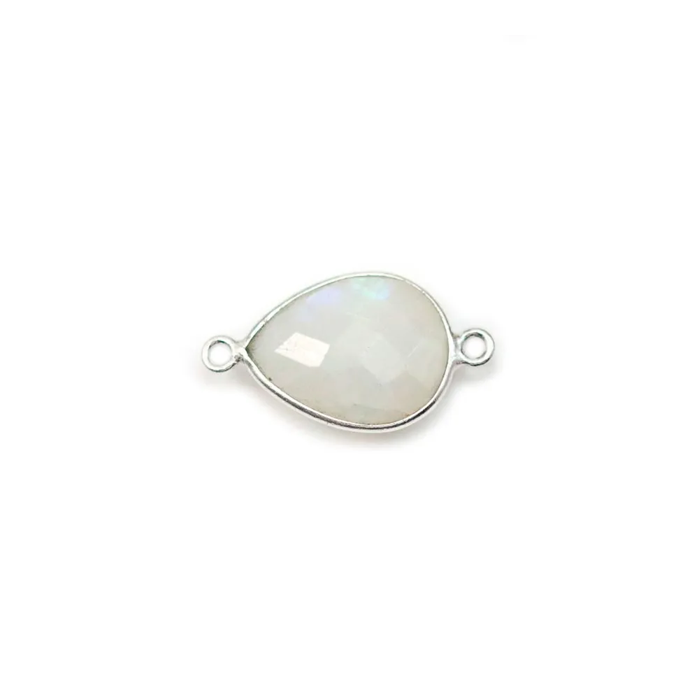 Pierre de lune en goutte, 2 anneaux, sertie sur argent, 11x15mm x 1pc