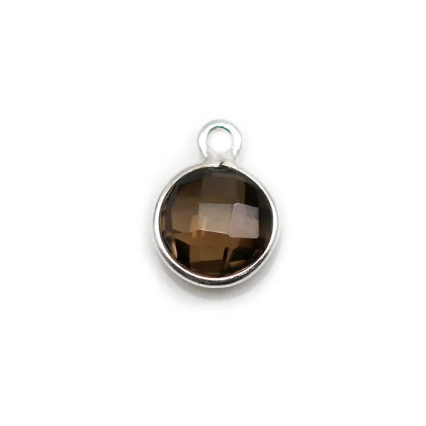 Quartz fumé rond facette sertie sur argent 9mm x 1pc