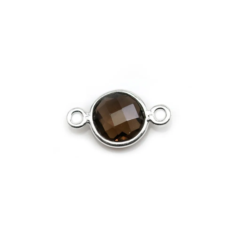 Quartz fumé rond facette sertie sur argent 2 anneaux 9mm x 1pc
