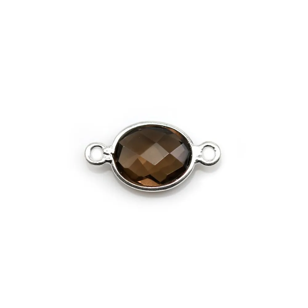 Quartz fumé ovale facette sertie sur argent 2 anneaux 9x11mm x 1pc