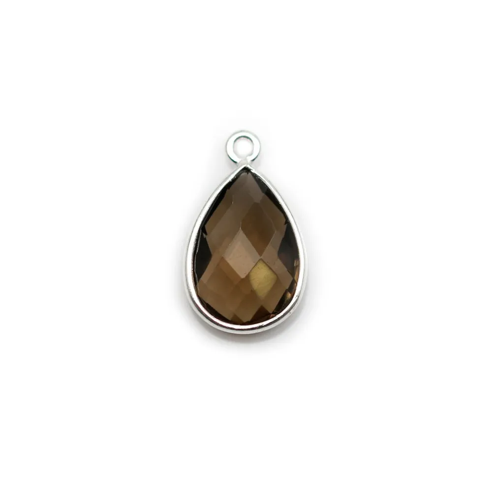 Quartz fumé goutte facette sertie sur argent 925 doré à l'or fin 11x15mm x 1pc