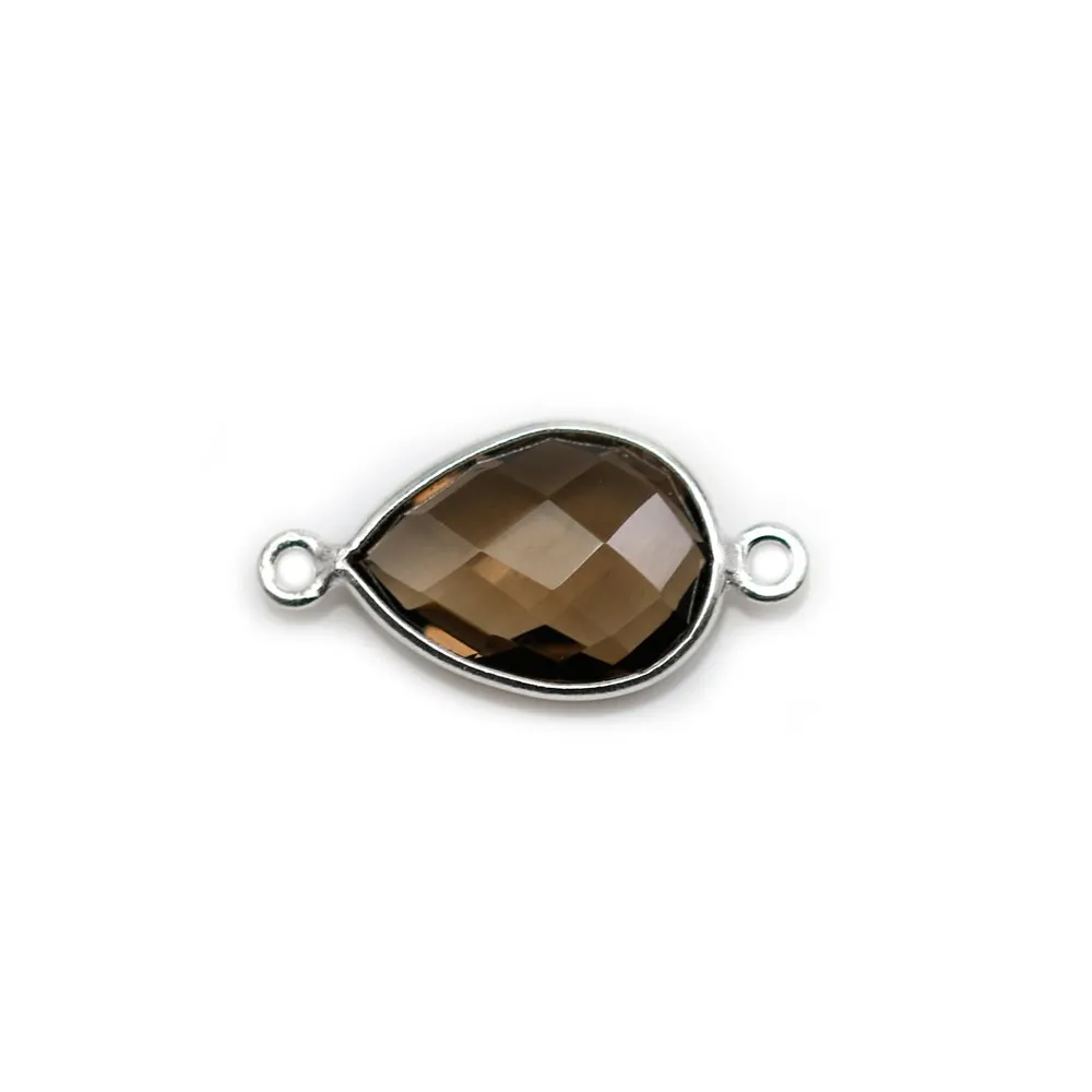 Quartz fumé goutte facette sertie sur argent 2 anneaux 11x15mm x 1pc