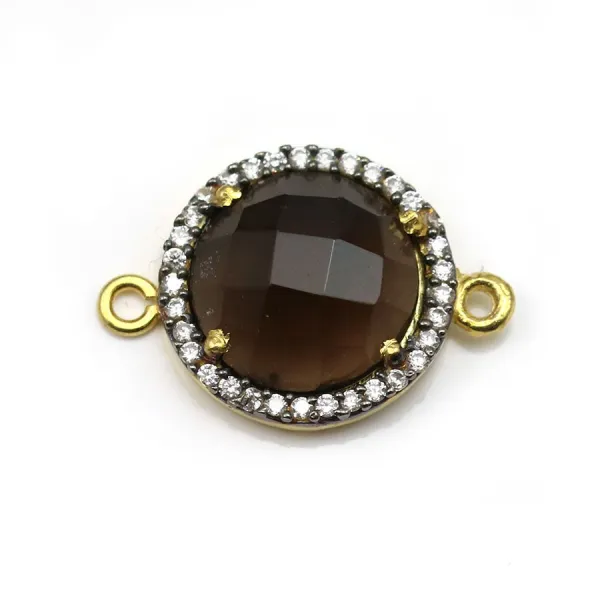 Faceted round smoky quartz set in gold-plated silver with zirconium  15mm x 1pc