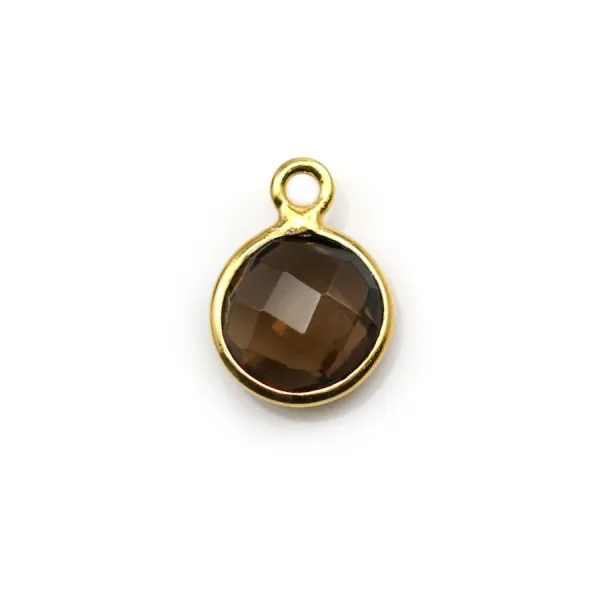 Quartz fumé rond facette sertie sur argent doré 9mm x 1pc