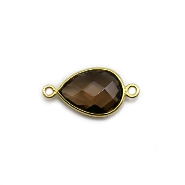 Smoky quartz faceted drop set on 925 silver gilded with fine gold 2 rings 11x21mm x 1pc