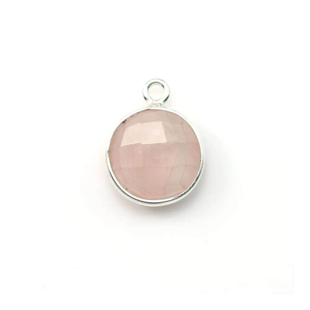 Quartz rose rond facette sertie sur argent 925 11mm x 1pc