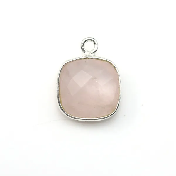 Quartz rose coussin facette sertie sur argent 925 11mm x 1pc