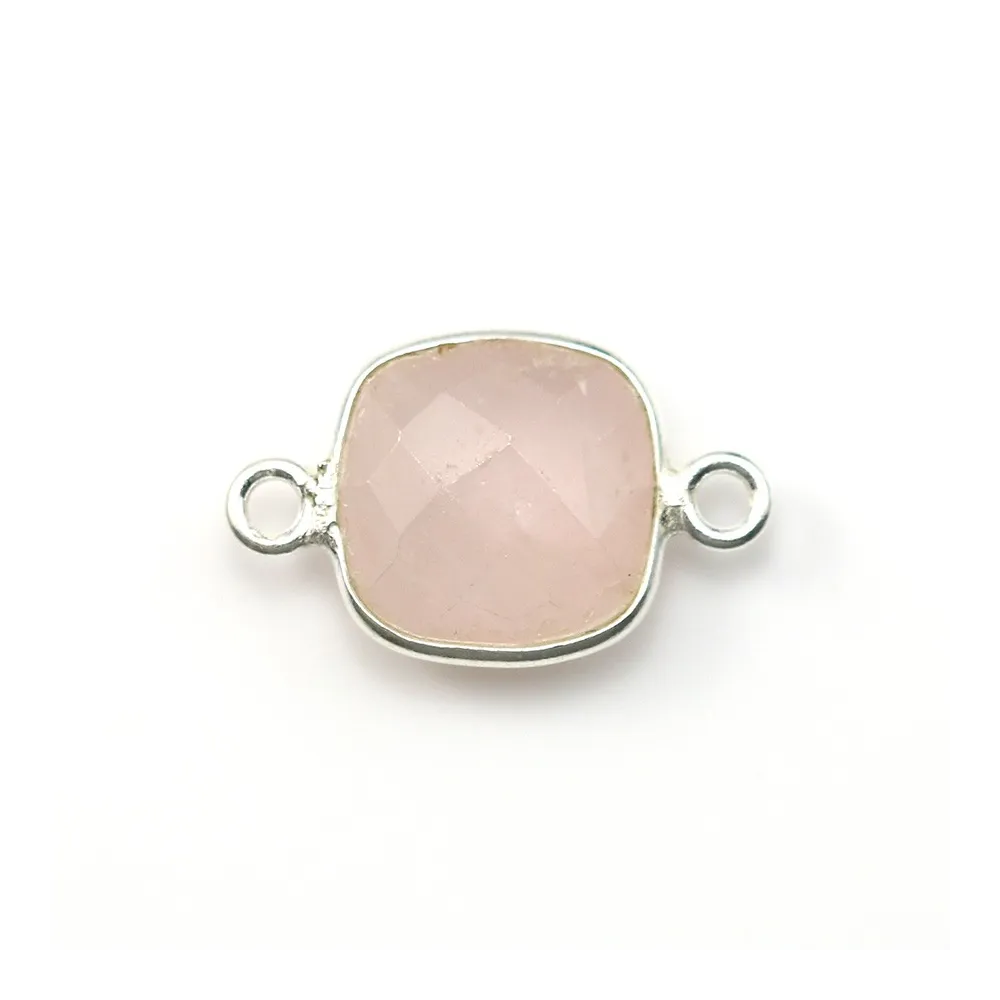 Quartz rose coussin facette sertie sur argent 925 2 anneaux 11mm x 1pc