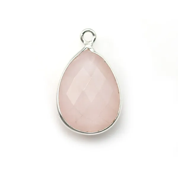 Quartz rose goutte facette sertie sur argent 925 13x17mm x 1pc
