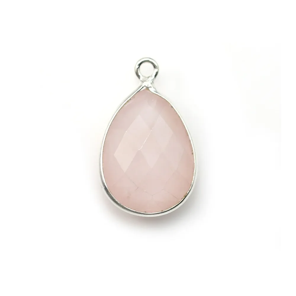 Quartz rose goutte facette sertie sur argent 925 13x17mm x 1pc