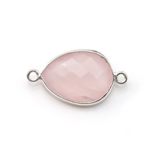 Quartz rose goutte facette sertie sur argent 925 2 anneaux 13x17mm x 1pc