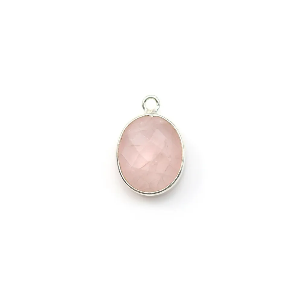 Quartz rose ovale facette sertie sur argent 9x11mm x 1pc