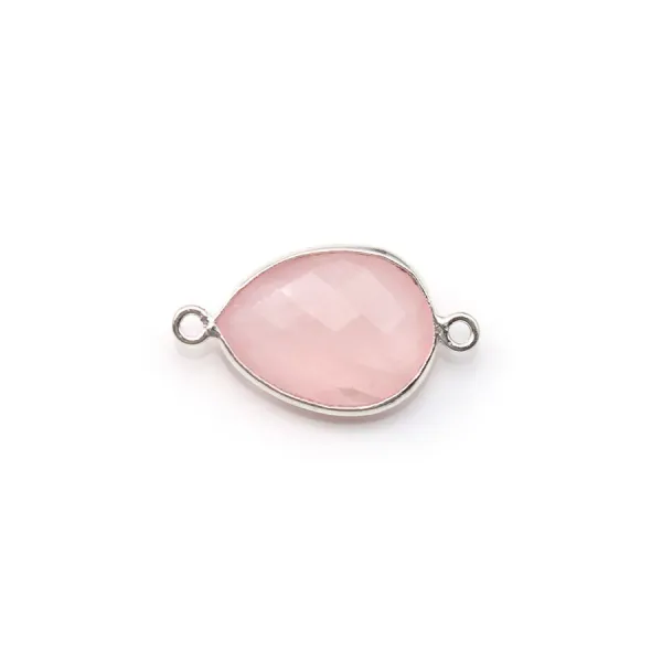 Quartz rose goutte facette sertie sur argent 2 anneaux 11x15mm x 1pc