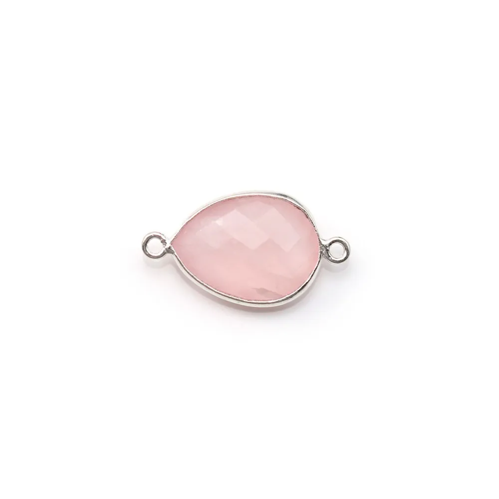 Quartz rose goutte facette sertie sur argent 2 anneaux 11x15mm x 1pc