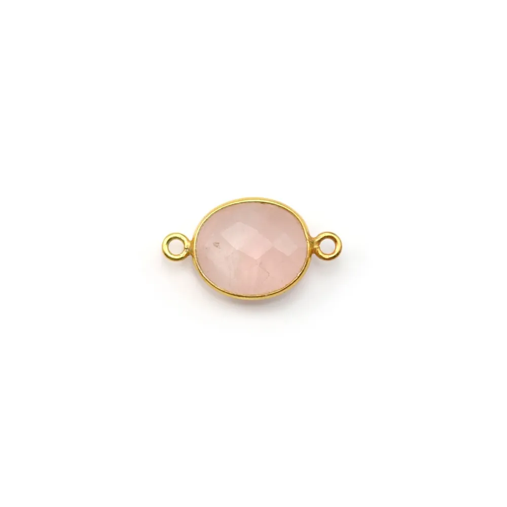 Quartz rose ovale facette sertie sur argent doré 2 anneaux 9x11mm x 1pc