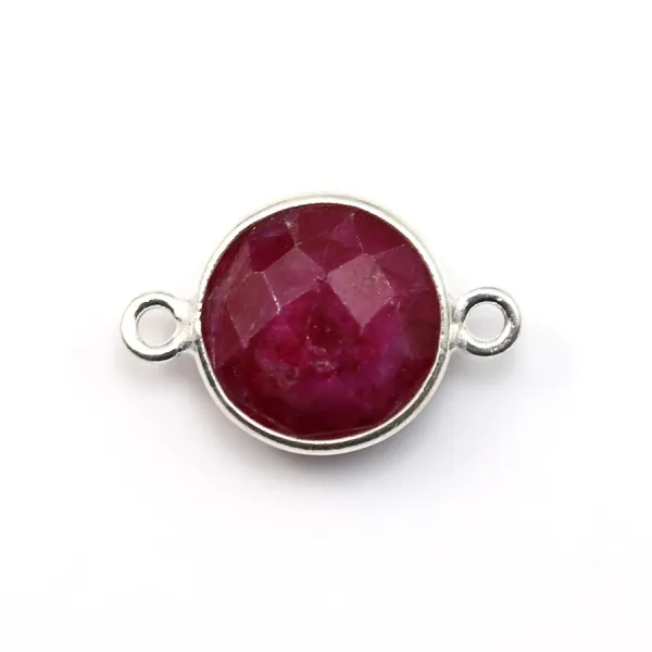 Pierre traitée couleur rubis sertie sur argent 925 ronde facettée et 2 anneaux 11mm x 1pc