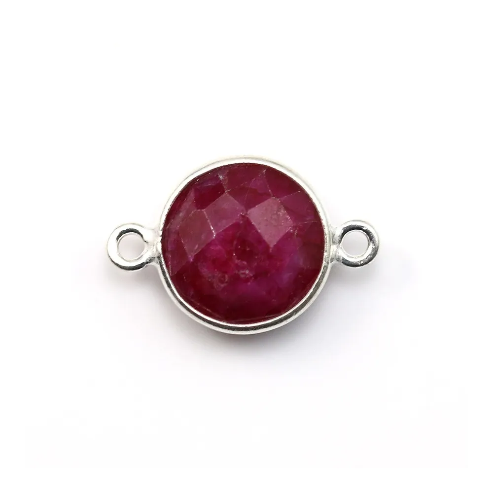Pierre traitée couleur rubis sertie sur argent 925 ronde facettée et 2 anneaux 11mm x 1pc