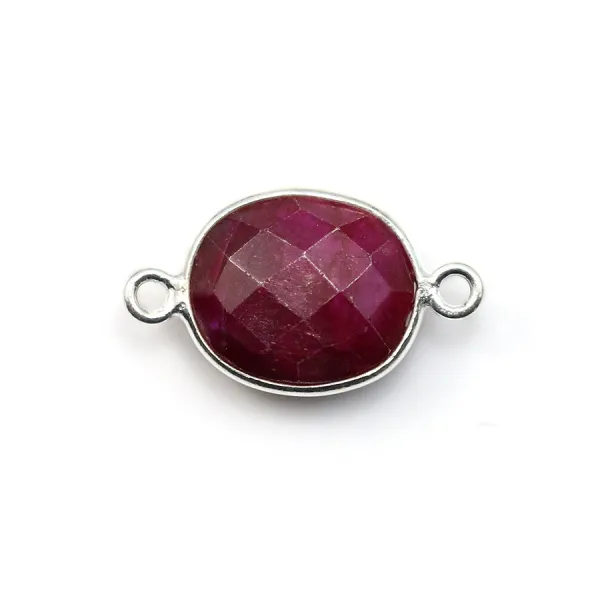 Pierre traitée couleur rubis sertie sur argent 925 ovale facettée et 2 anneaux 10x12mm x 1pc