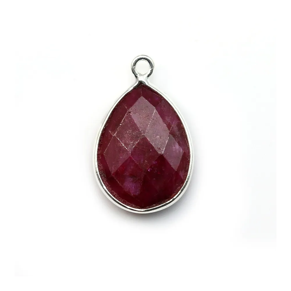 Pierre traitée couleur rubis sertie sur argent 925 goutte facettée 13x17mm x 1pc