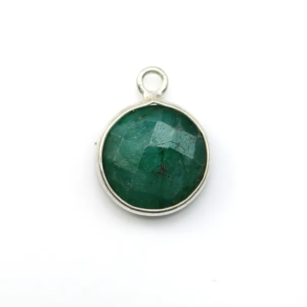 Faceted round treated emerald colored gemstone set in sterling silver 11mm x 1pc