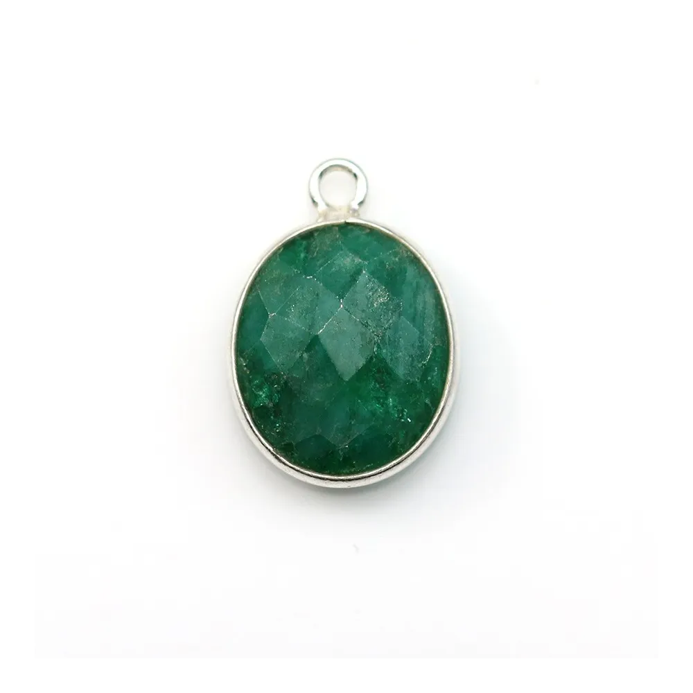 Faceted oval treated emerald colored gemstone set in sterling silver 11x13mm x 1pc