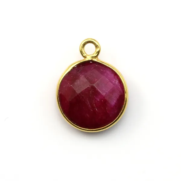 Ruby-colored treated stone set on silver round faceted 11x14mm x 1pc