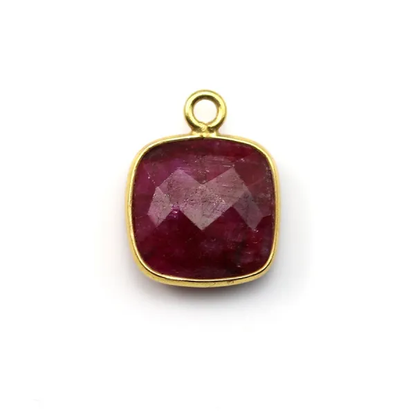 Ruby-colored treated stone set on faceted square silver 11x15mm x 1pc