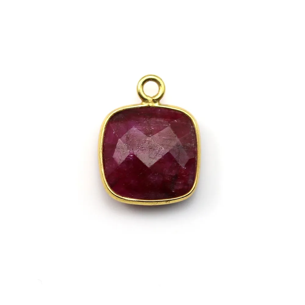 Faceted square color ruby gemstone set in sterling silver 11mm x 1pc