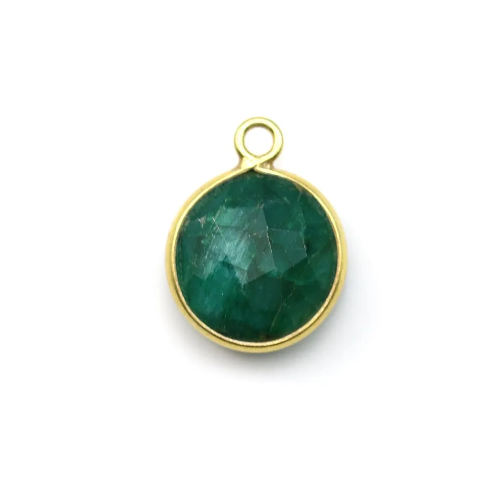 Pierre traitée couleur émeraude sertie sur argent doré ronde 11mm x 1pc