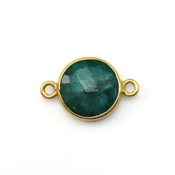 Pierre traitée de couleur émeraude sertie sur argent doré ronde facettée 2 anneaux 11mm x 1pc