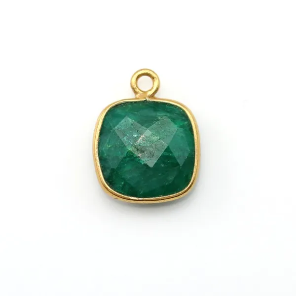 Cushion cut treated green gemstone set in gold-plated silver faceted 11mm x 1pc