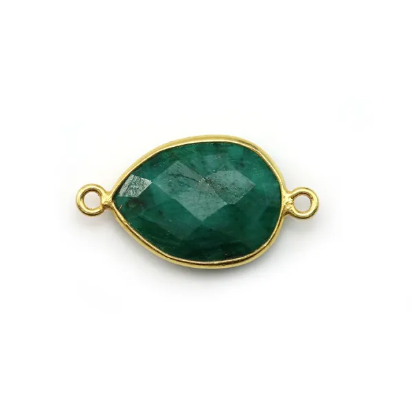 Pierre traitée de couleur émeraude sertie sur argent doré goutte facettée 2 anneaux 13x17mm x 1pc