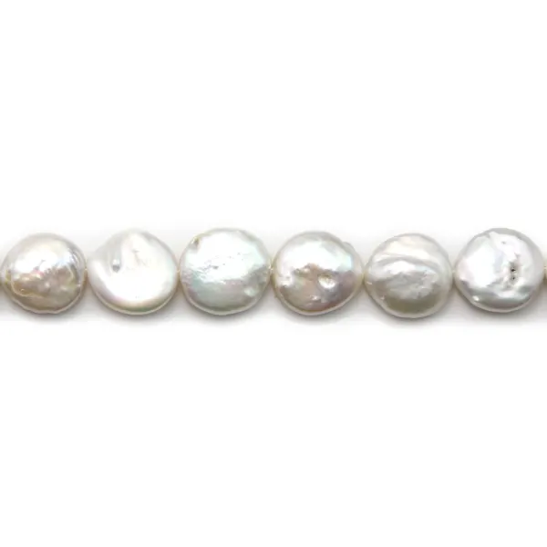 Perles de culture d'eau douce, blanche, ronde plate 12-14mm x40cm