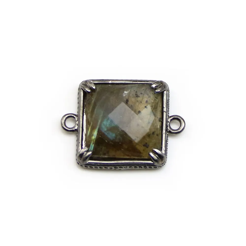 Intercalaire en labradorite sertie en métal, de forme carré, 14mm x 1pc