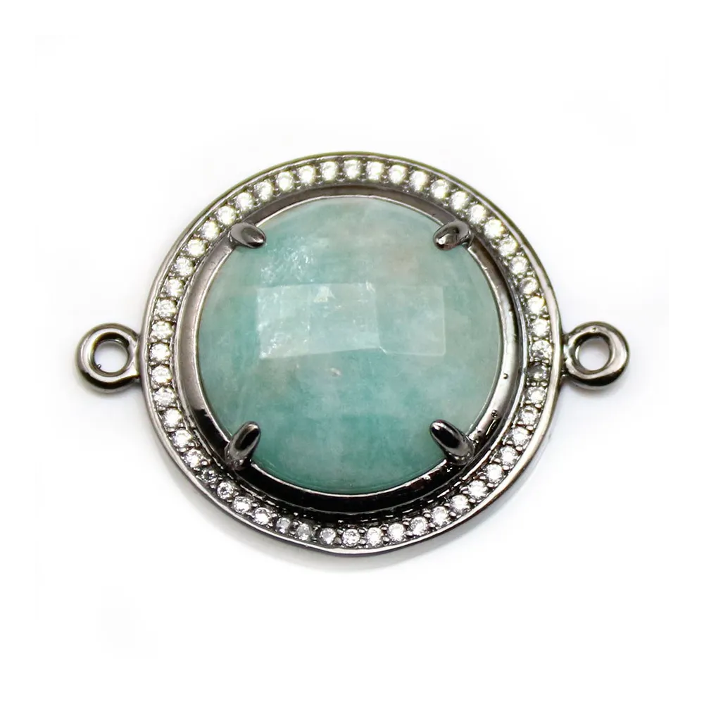 Intercalaire en amazonite sertie en métal & zirconium, de forme ronde x 1pc